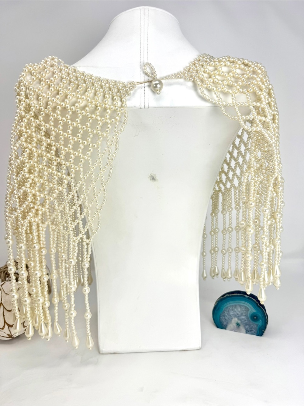 Handcrafted Ivory Faux Pearl Capelet Body Chain — Bridal Shoulder Necklace Shrug - Picture 6 of 8